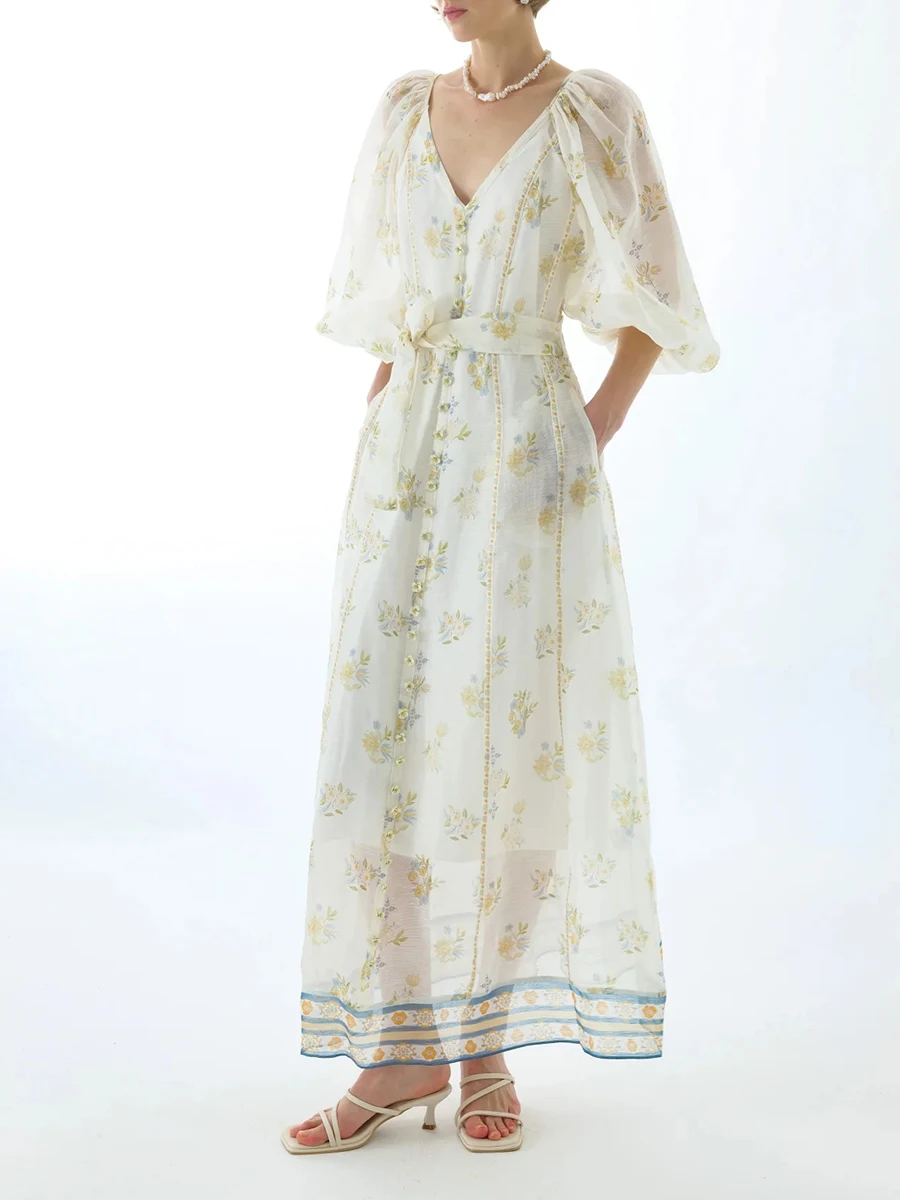 Vintage Sheer Mesh Long Dresses for Women V Neck Three Quater Sleeves High Waist Loose Spliced Lace Up Print Dress Female - Image 3