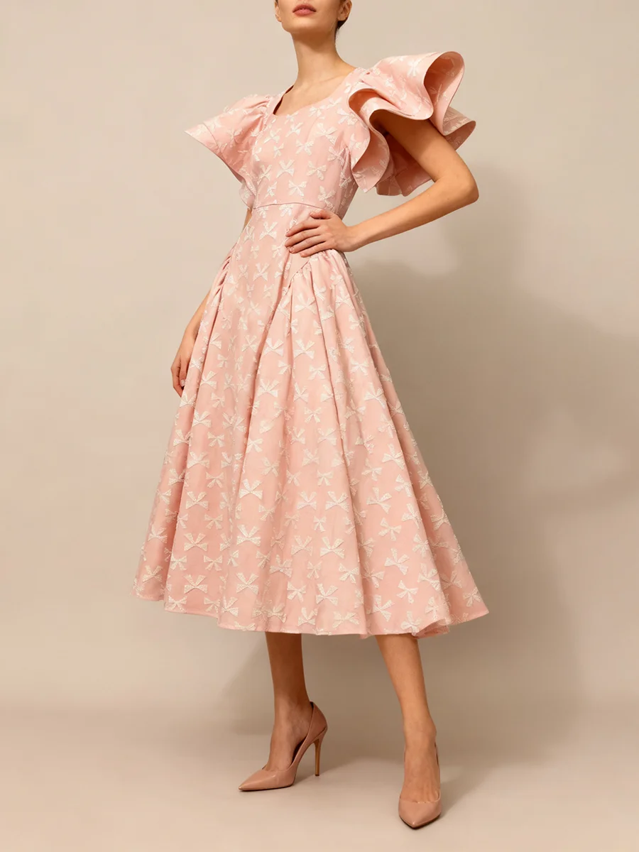 Sweet Tunic Princess Dress for Women Square Collar Puff Sleeve High Waist Bownot Print A Line Mid Dresses Female - Image 3