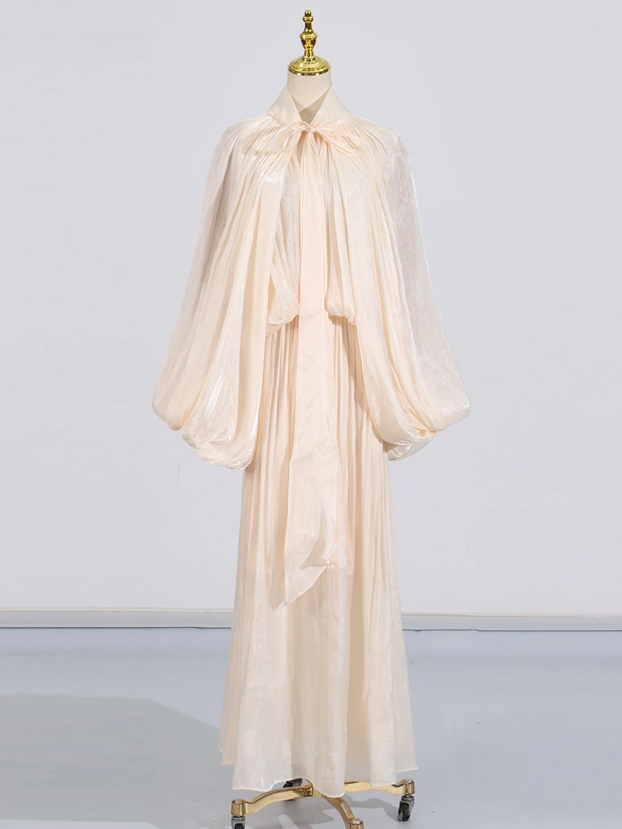 Maxi Dresses for Women Scarf Collar Lantern Sleeve Loose Waist Casual Temperament Dress Female New - Image 9