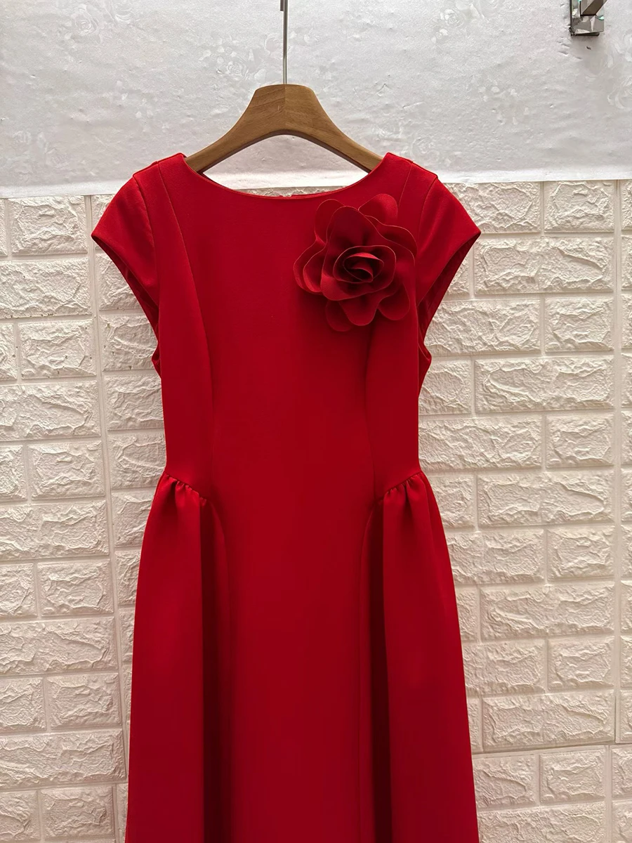 VGH Red Color Elegant Spliced Appliques Dress for Women O Neck Short Sleeve High Waist Slimming Evening Prom Dresses Female New - Image 6