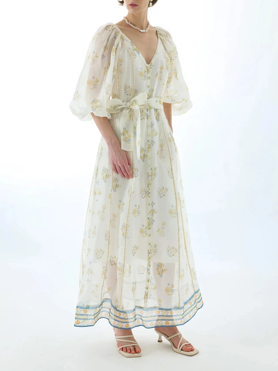 Vintage Sheer Mesh Long Dresses for Women V Neck Three Quater Sleeves High Waist Loose Spliced Lace Up Print Dress Female - Image 12