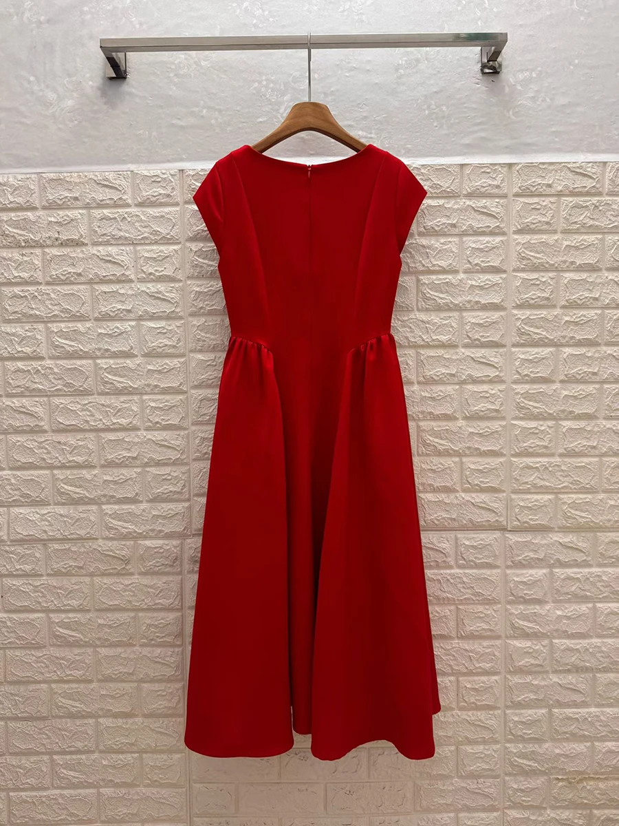 VGH Red Color Elegant Spliced Appliques Dress for Women O Neck Short Sleeve High Waist Slimming Evening Prom Dresses Female New - Image 17