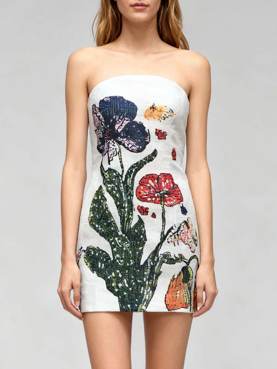 Sequin Print Sweet Party Style Mini Dress for Women Strapless Sleeveless High Waist Backelss Dress Female - Image 2