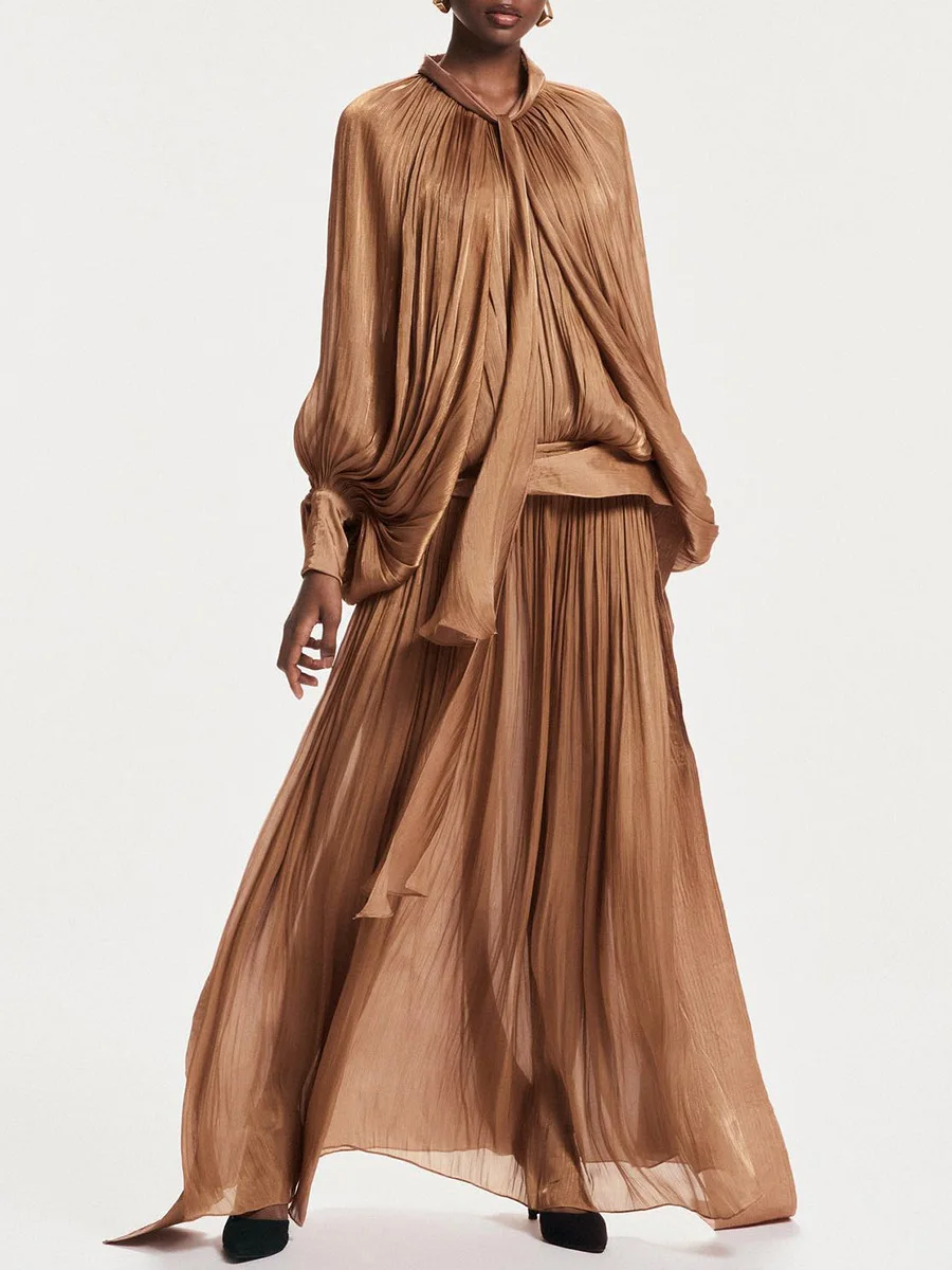 Maxi Dresses for Women Scarf Collar Lantern Sleeve Loose Waist Casual Temperament Dress Female New