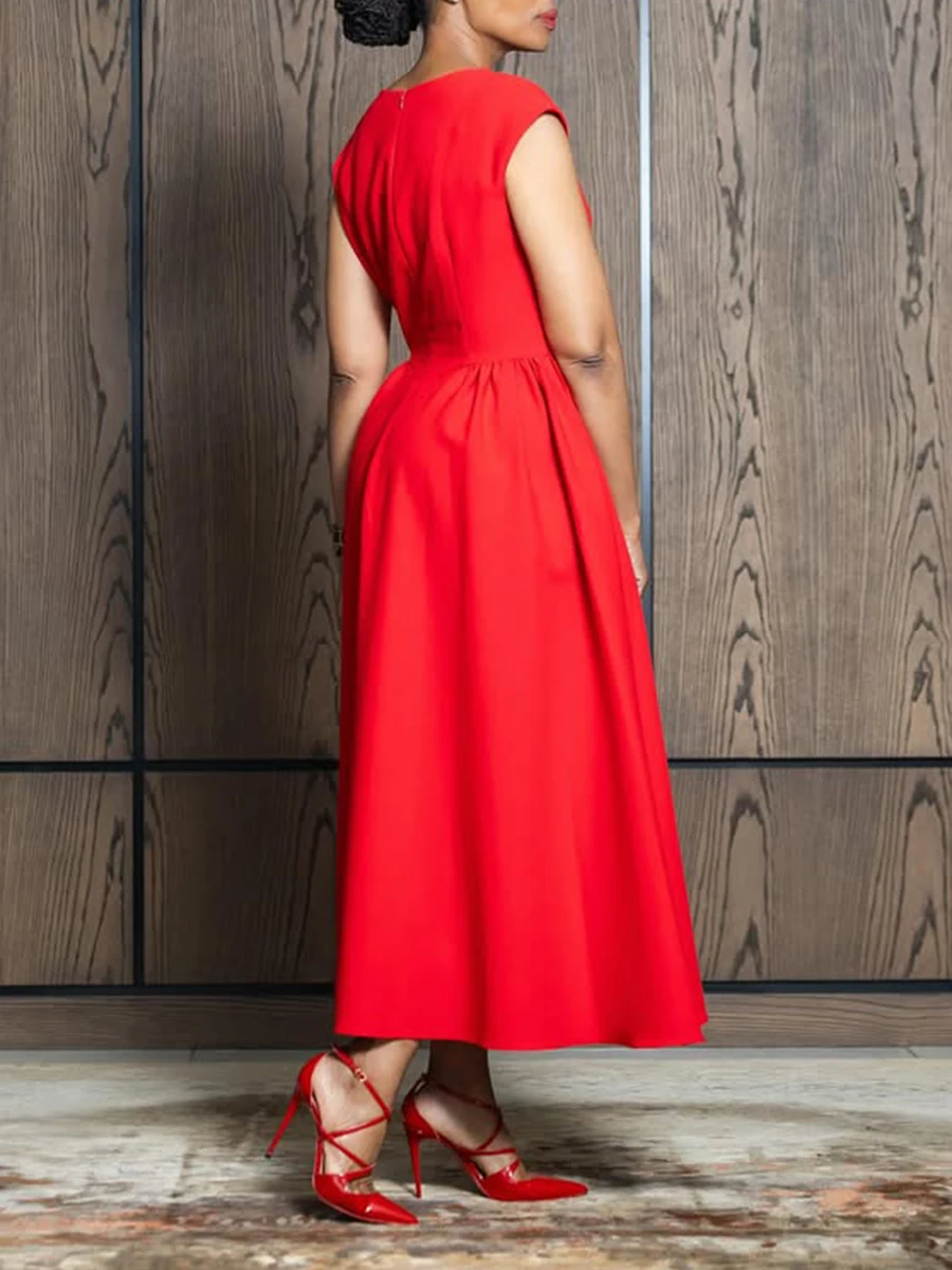 VGH Red Color Elegant Spliced Appliques Dress for Women O Neck Short Sleeve High Waist Slimming Evening Prom Dresses Female New - Image 2