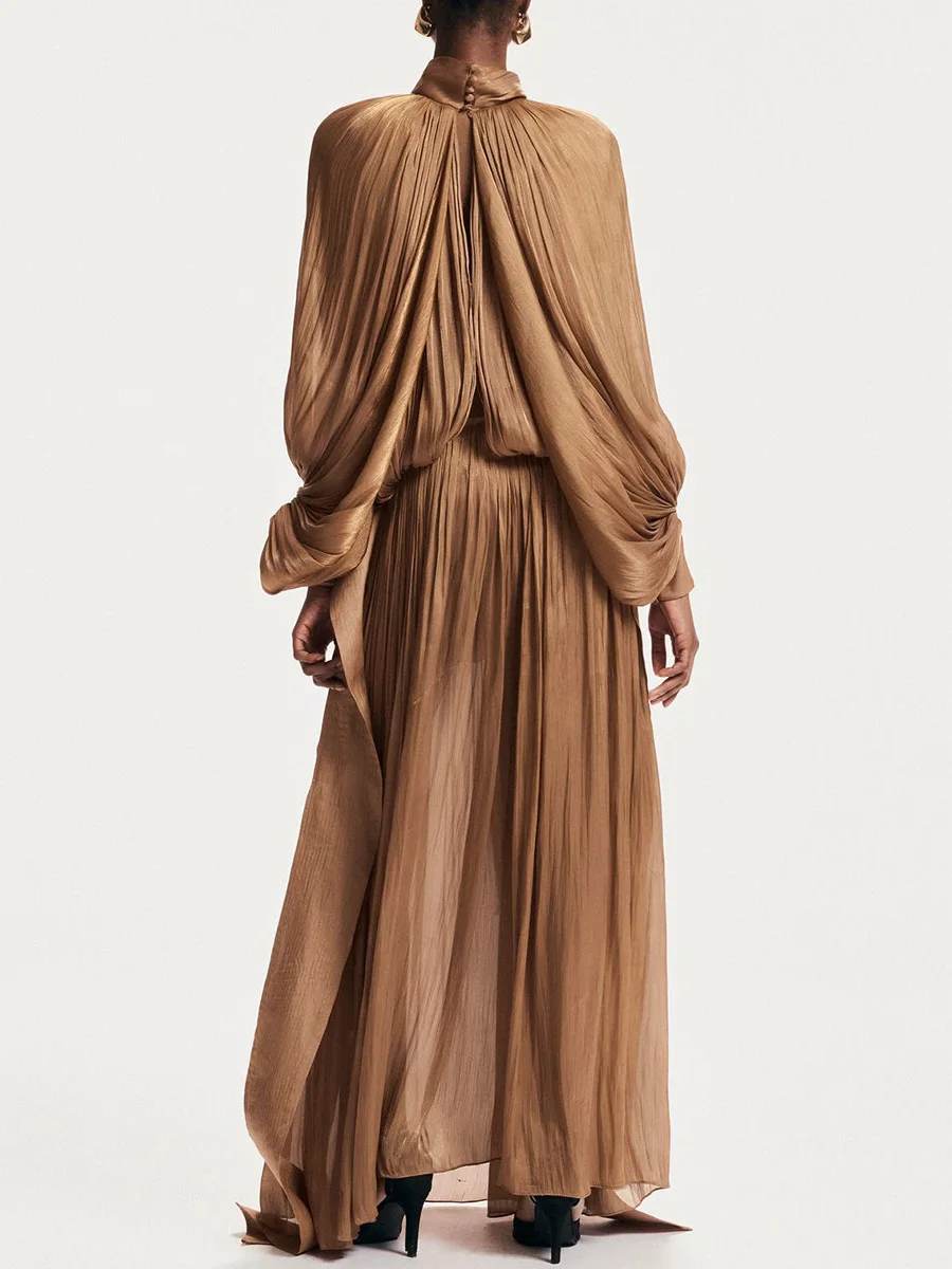 Maxi Dresses for Women Scarf Collar Lantern Sleeve Loose Waist Casual Temperament Dress Female New - Image 13