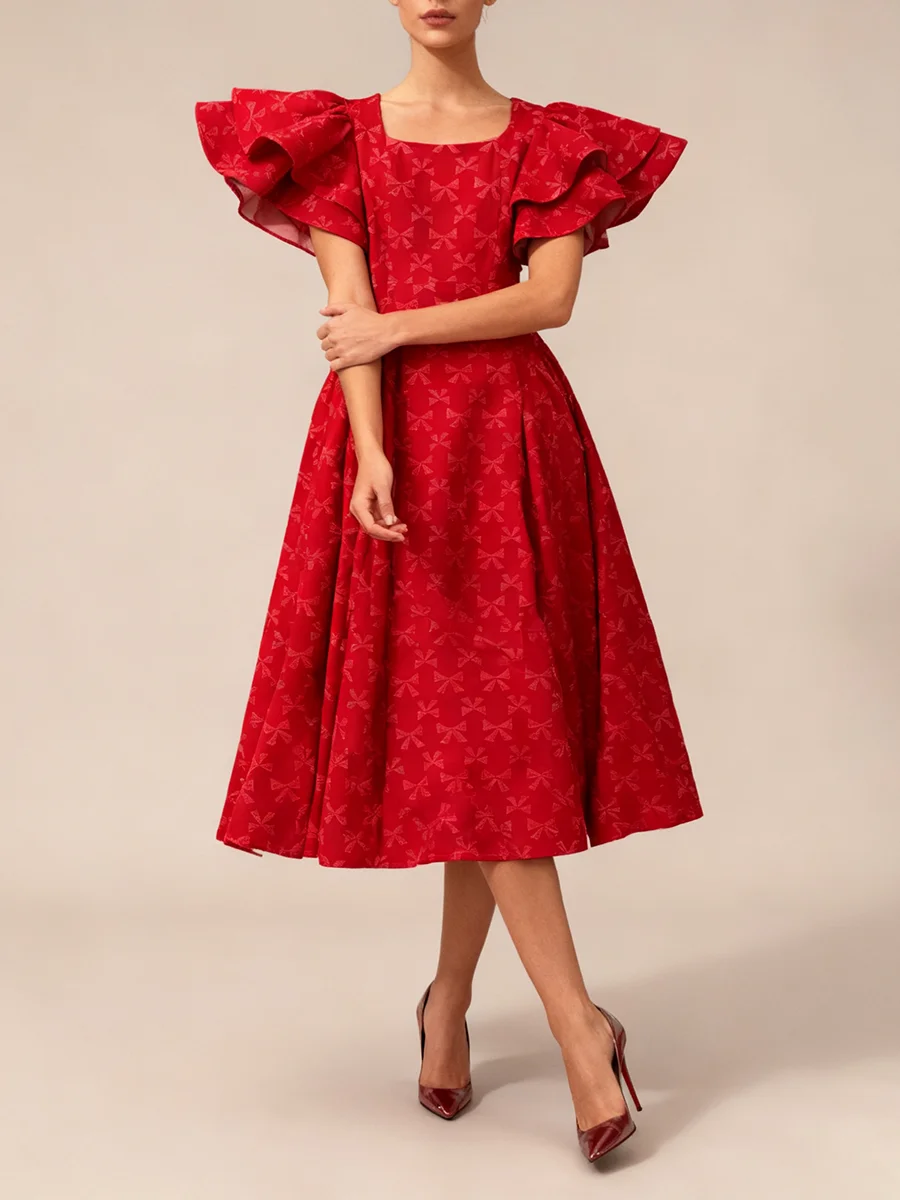 Sweet Tunic Princess Dress for Women Square Collar Puff Sleeve High Waist Bownot Print A Line Mid Dresses Female