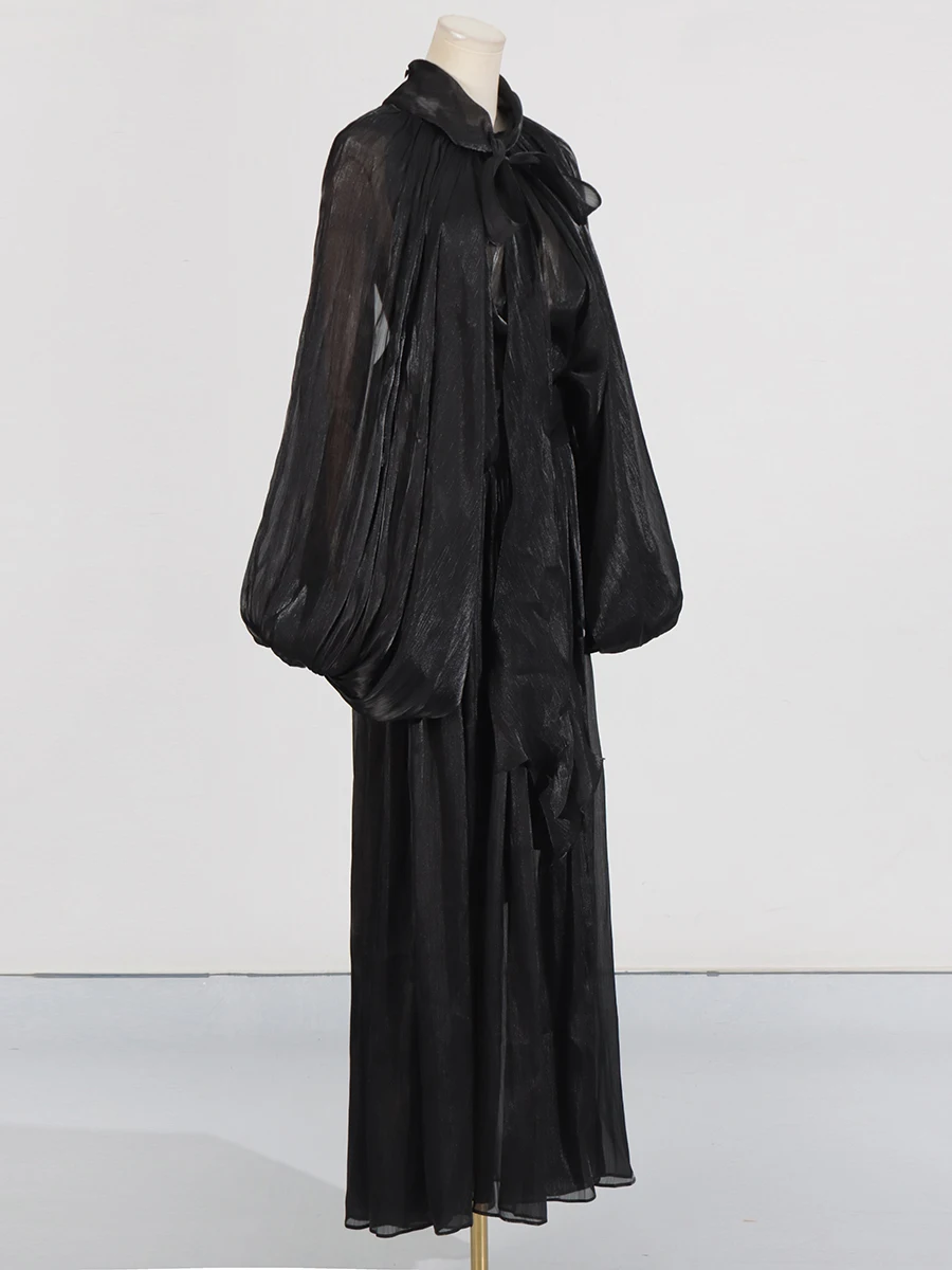 Maxi Dresses for Women Scarf Collar Lantern Sleeve Loose Waist Casual Temperament Dress Female New - Image 16