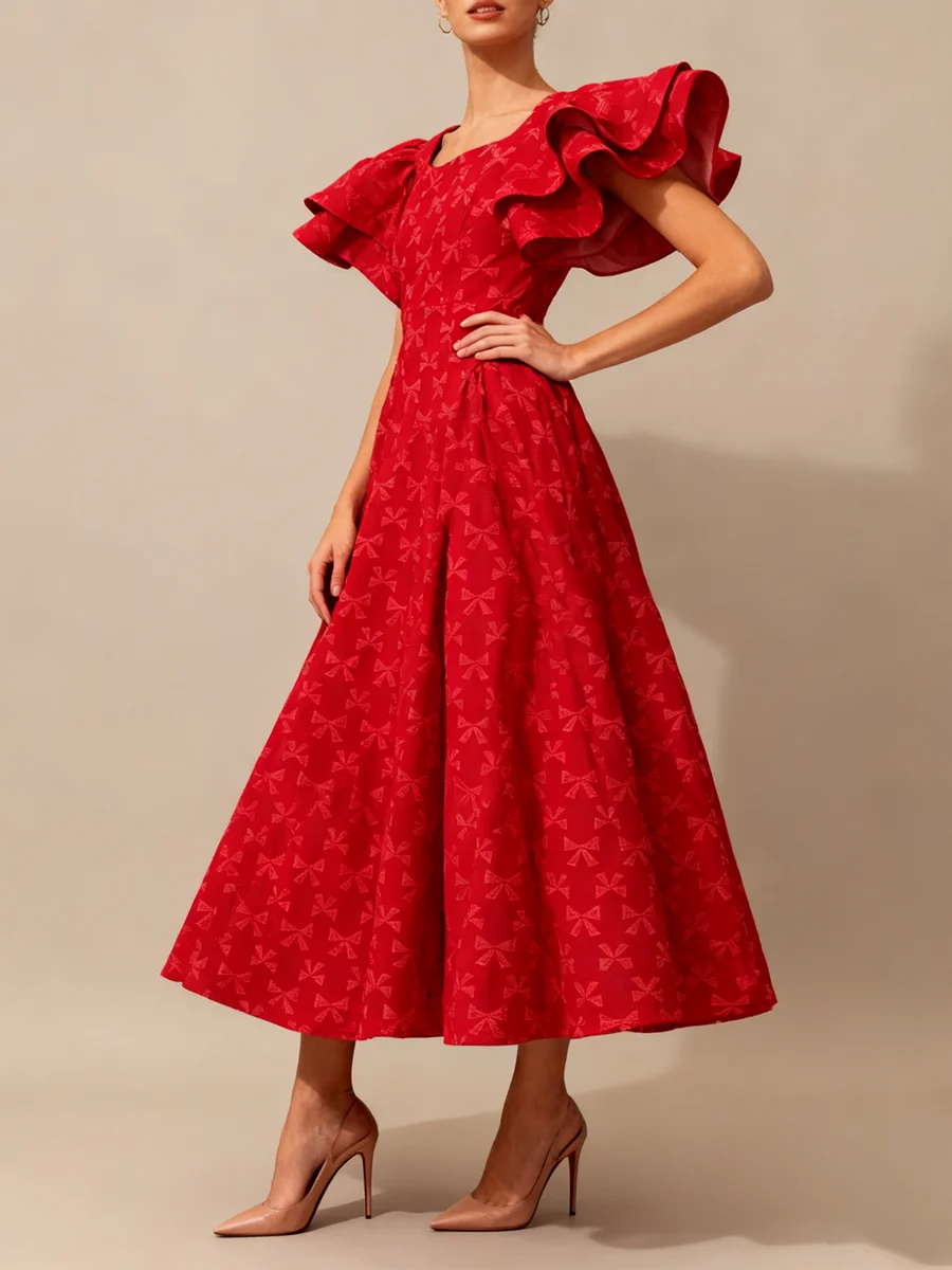 Sweet Tunic Princess Dress for Women Square Collar Puff Sleeve High Waist Bownot Print A Line Mid Dresses Female - Image 12